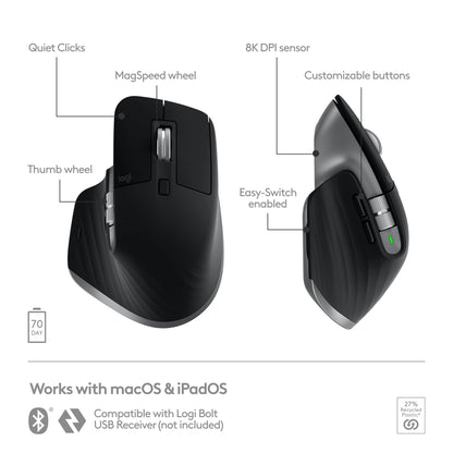Logitech MX Master 3S for Mac - Wireless Bluetooth Mouse with Ultra-Fast Scrolling, Ergo, 8K DPI, Quiet Clicks, Track on Glass, Customization, USB-C, Apple, iPad - Space Grey