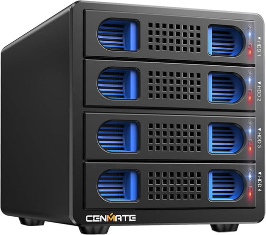 CENMATE Aluminum 4 Bay 10Gbps HDD Enclosure with Cooling Fan for 2.5“/3.5" SATA HDD/SSD with USB A/C 3.2 Gen 2, Support Hot Swappable, Tool-Free Hard Drive Enclosure