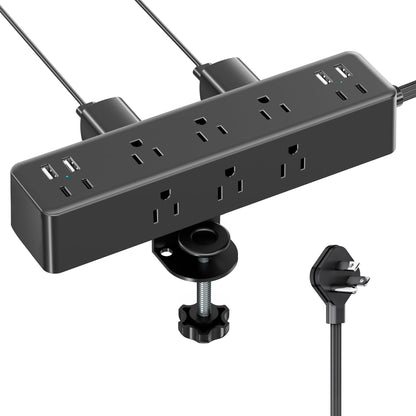 Flat Plug Desk Clamp Power Strip 10FT, 24W Total Charging Station, Desk Edge Mount Power Strip 9 AC Outlets 8 USB Ports Surge Protector, Fit 1.7" Tabletop Edge, Home Office Accessories