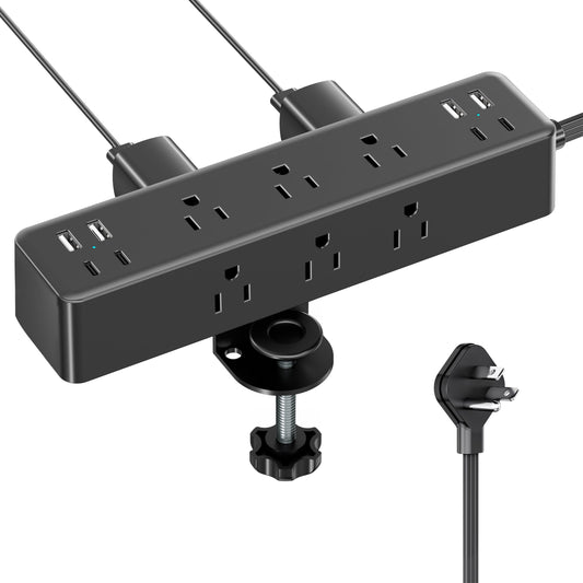 Flat Plug Desk Clamp Power Strip 10FT, 24W Total Charging Station, Desk Edge Mount Power Strip 9 AC Outlets 8 USB Ports Surge Protector, Fit 1.7" Tabletop Edge, Home Office Accessories