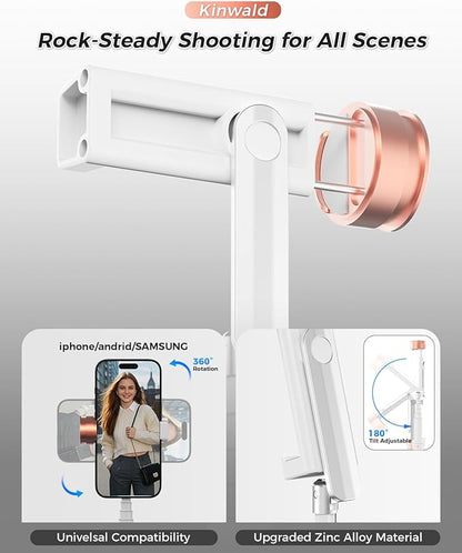 Selfie Stick Tripod for iPhone & Android, Portable Phone Tripod Stand with Bluetooth Remote, One-Click Open, Compact & Lightweight, All-in-1 for Vlog/Travel/Photography (White)