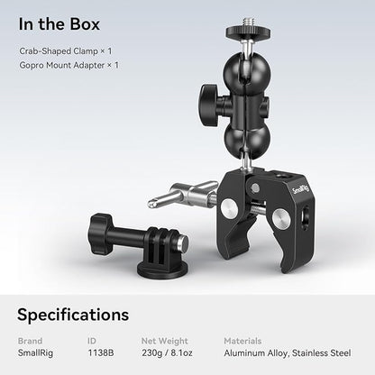 SMALLRIG Super Camera Clamp Mount, Double Ball Head Magic Arm Adapter, Fence/Desk/Tripod Mount for Monitor/Light/Camera, for Insta360, for Gopro