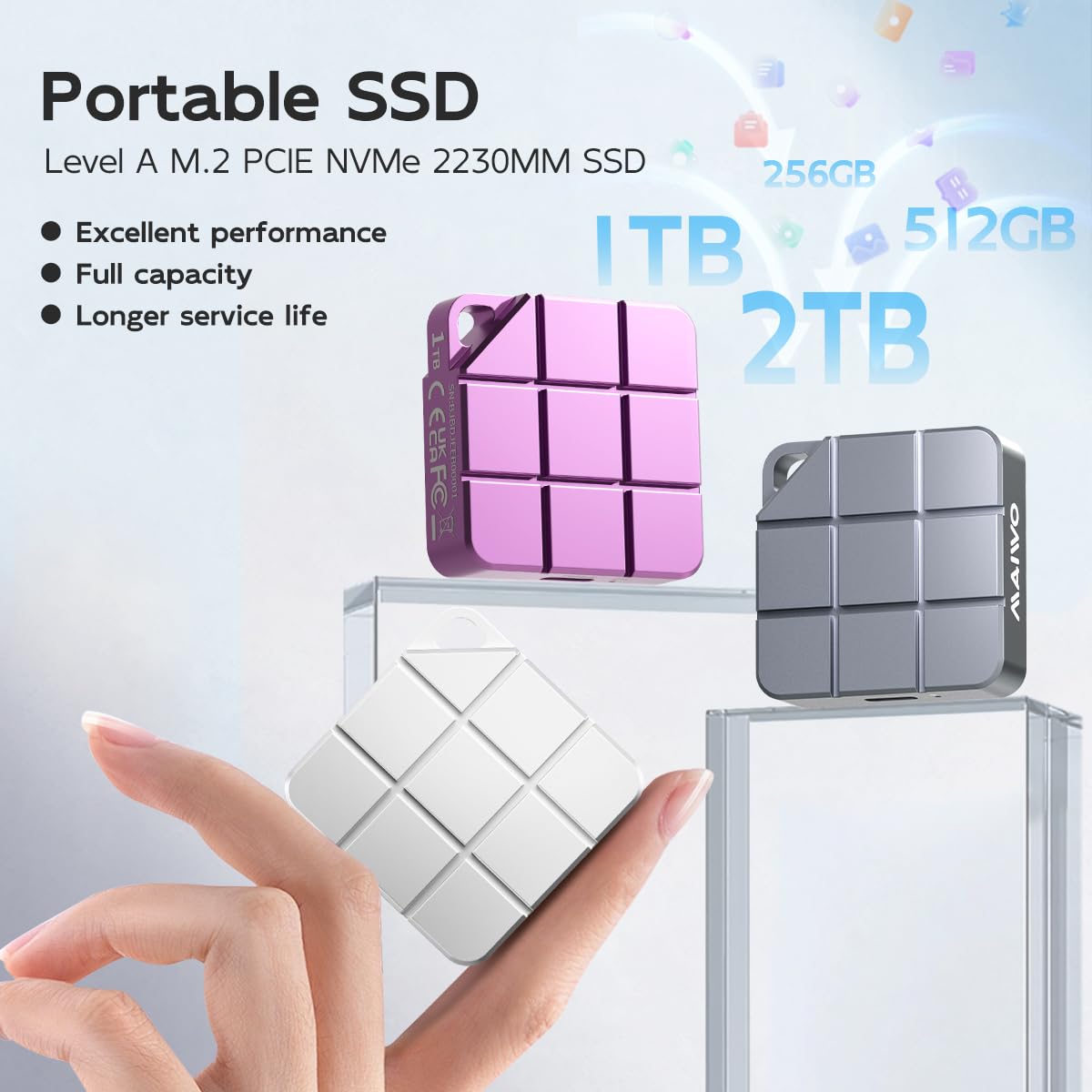 MAIWO 256GB Portable External Solid State Drive Build-in M.2 2230 PCIe NVMe SSD, USB C 3.2 Up to 1050MB/s, Mini Cute PSSD for iPhone 15 16 17 Pro Max MacBook Pro Air, Aluminum (Silver)