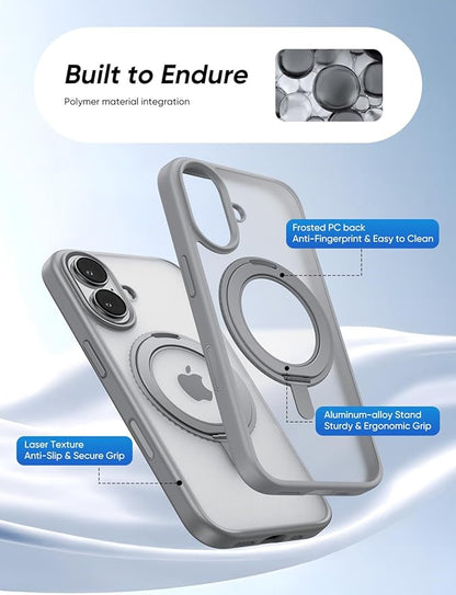 MAGIC JOHN 360° Rotatable Magnetic Invisible Stand for iPhone 16 Case [Camera Control Button] [Compatible with MagSafe] 16FT Shockof for iPhone 16 Case with Kickstand, Gray