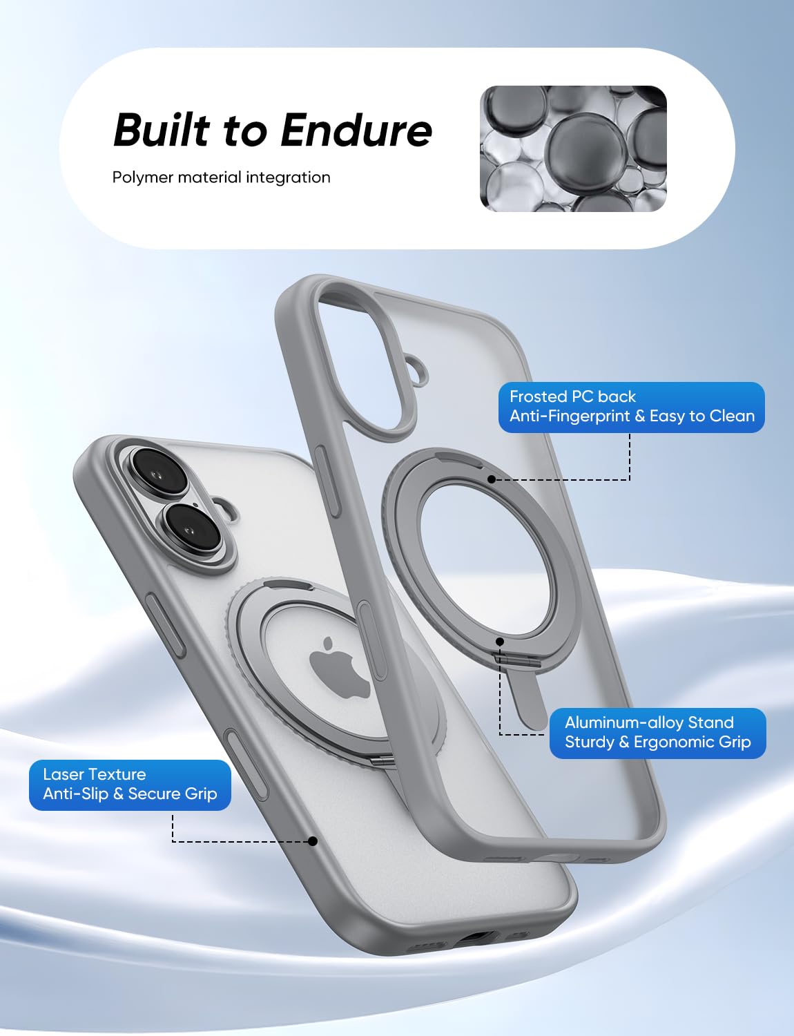 MAGIC JOHN 360° Rotatable Magnetic Invisible Stand for iPhone 16 Case [Camera Control Button] [Compatible with MagSafe] 16FT Shockof for iPhone 16 Case with Kickstand, Gray