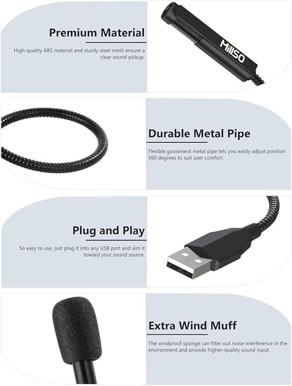MillSO USB Microphone for Laptop Gooseneck Portable Mini USB Computer Microphone Plug&Play Omnidirectional External PC Microphone for YouTube, Streaming, Podcasting, Recording, Gaming - 1 FT