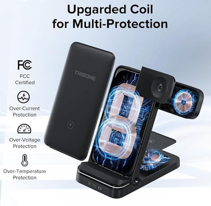 Wireless Charger, Tribone 3 in 1 Foldable Fast Charger for iPhone 17 16 15 14 13 12 11 Pro Max XR XS 8 Plus，for Apple Watch 10 9 8 7 6 5 4 3 2 SE Ultra,for AirPods Pro 4 3 2, Black
