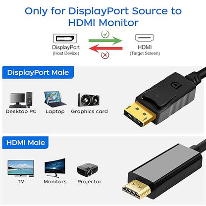 4K Displayport to HDMI Cable 6 Feet 2-Pack, Display Port (DP) to HDMI Adapter Male to Male Cord Converter for PC to HDTV, Monitor, Projector
