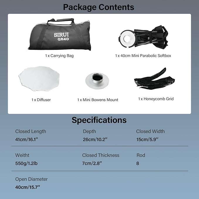 SIRUI 15.7"/40cm Mini Quick Set-Up Foldable Softbox, Quick Release with Diffuser Grid Bad for Video Continuous Lighting Compatible with C150X Series, QR40