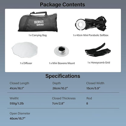 SIRUI 15.7"/40cm Mini Quick Set-Up Foldable Softbox, Quick Release with Diffuser Grid Bad for Video Continuous Lighting Compatible with C150X Series, QR40
