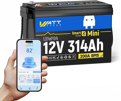 12V 314Ah Mini LiFePO4 Lithium Battery with Bluetooth 5.0, 200A BMS, 4.01kWh Energy, Upgraded Aluminum Cooling Fins & Braided Copper Wires, for RV, Marine, 300ah + LiFePO4 Battery