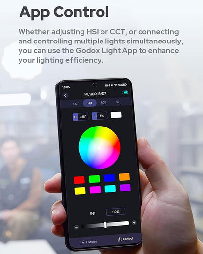 Godox ML100R 110W RGB Portable LED Video Light, 1800K-10000K, Full HSI & CCT 1800K–10,000K, CRI 95+, 14 FX, App/Onboard Control, Compact Pocket Light for Filmmaking, Live Streaming, Video Photography