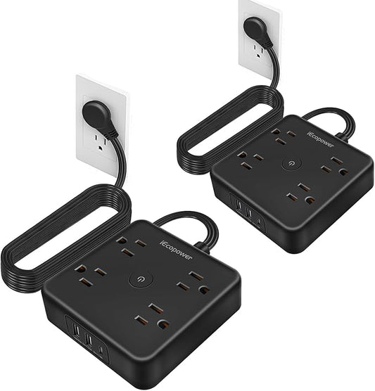 Power Strip 15 ft Cord,Long Power Strip with 4 Widely Outlets, Thin Extension Cord with 3 USB Ports(1 USB C Port),Slim Desk Charging Station,Black(2 Pack)