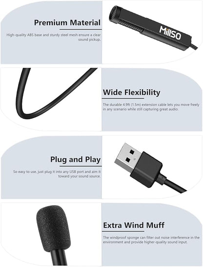 MillSO USB PC Microphone Plug & Play Omnidirectional External Lavalier Mini USB Microphone for Computer, Laptop, YouTube, Meeting, Recording, Podcasting, Gaming - 1.5m/4.9ft