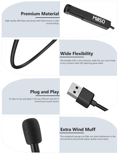 MillSO USB PC Microphone External Lavalier Mini USB Microphone for Computer