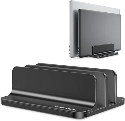 OMOTON Vertical Laptop Stand [Updated Double Version], Desktop Aluminum Mac Book Stand with Adjustable Dock Size, Fits All Mac Book, Surface, Chrome Book and Gaming Laptops (Up to 17.3 inch) (Black)