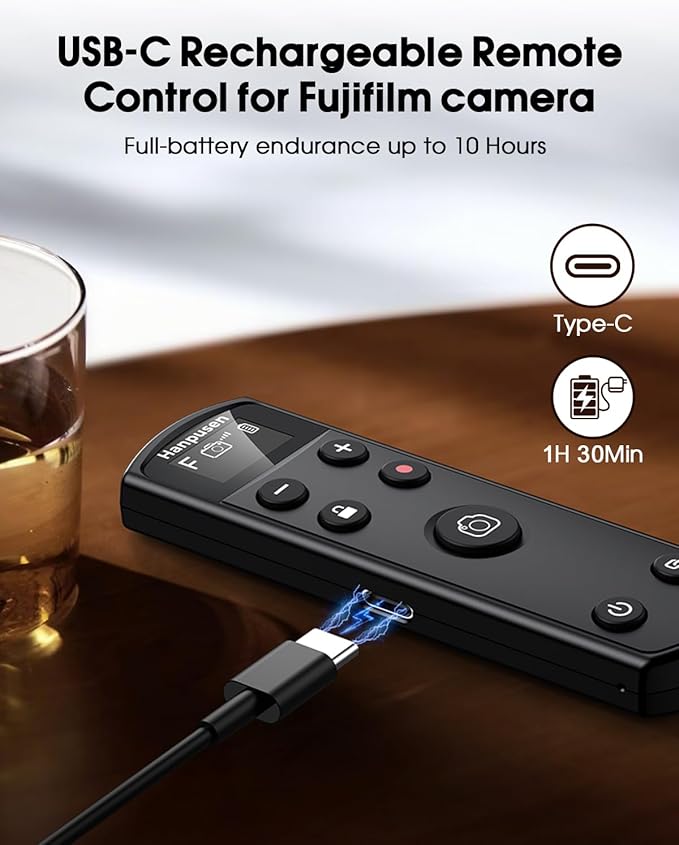 for Fujifilm Camera Remote Control, Hanpusen Rechargeable Wireless Shutter Release with OLED Screen for Fujifilm X100 VI/X-M5/X-T30 II/X-E5/X-T5/X half/X-H2S/X-T30/X-T4/X-T3/X-S20/X-S10/X-T50/X-H2