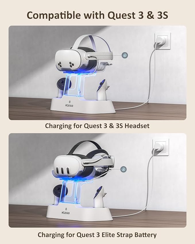 NexiGo Enhanced Charging Dock for Meta Quest 3 and 3S, with LED Light [On/Off], [Support Elite Strap with Battery], Headset Display Holder and Controller Mount, Rechargeable Batteries, White