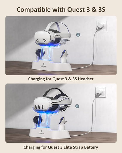 NexiGo Enhanced Charging Dock for Meta Quest 3 and 3S, with LED Light [On/Off], [Support Elite Strap with Battery], Headset Display Holder and Controller Mount, Rechargeable Batteries, White