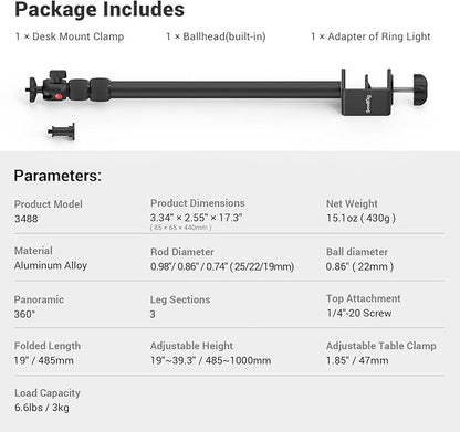 SmallRig Camera Desk Mount Table Stand, Adjustable Light Stand 15"-35", Tabletop C Clamp for DSLR Camera, Ring Light, Live Streaming, Photo Video Shooting