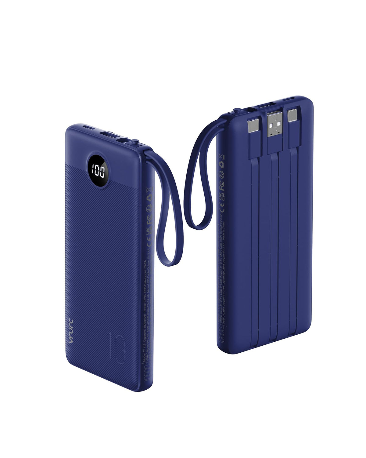 VRURC Portable Phone Charger, Built-in 4 Cables USB C Power Bank 10000mAh