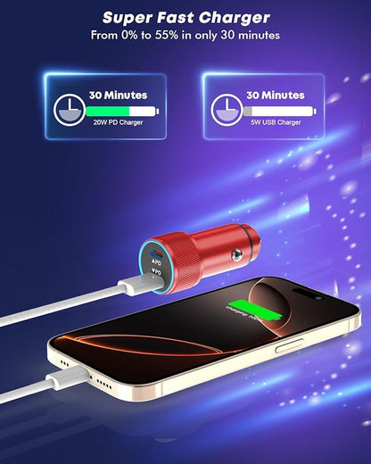 Fast Car Charger for iPhone 16,USB C Charging iPhone 2Pack Dual USB C Port Car Charger Block Cigarette Lighter Adapter Plug with Woven Braided USB C to USB C Cord for iPhone 16/16 Pro/15/iPad(Red)