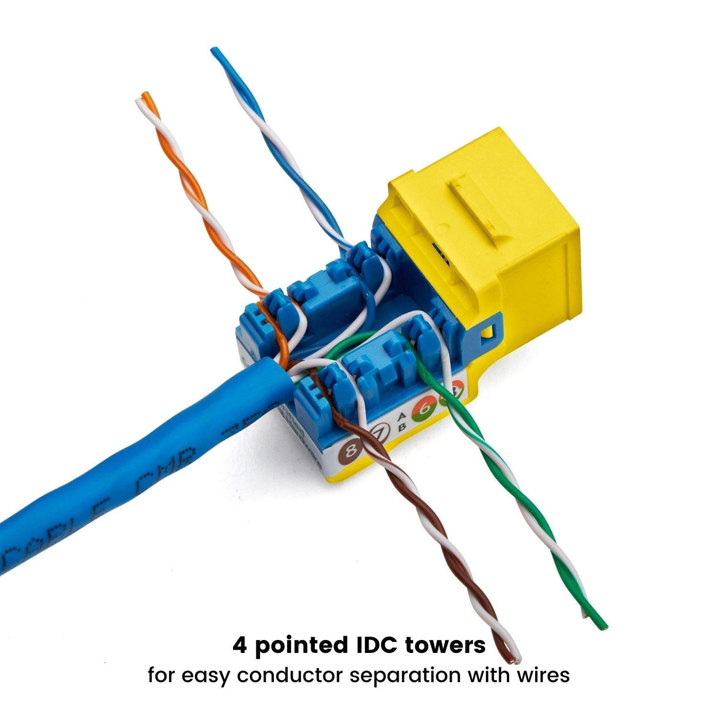 TRUE CABLE Cat5e Keystone Jack, Unshielded (UTP), 90 Degree Punch-Down, PoE++ (4PPoE) 100W, UL Listed, ETL Verified, ANSI/TIA Certified, Modular RJ45 Female, Yellow, 24 Pack
