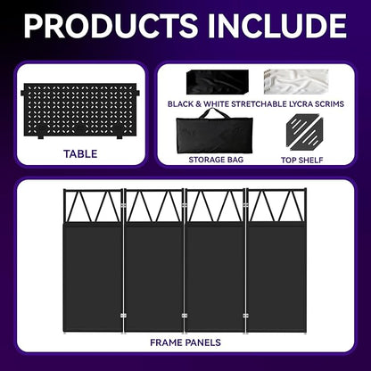 DJ Table Stand Portable booth, Foldable DJ Stand Booth, Heavy-Duty Adjustable Height DJ Facade Booth, Easy to Assemble, Stylish, Convenient to Store and Transpor