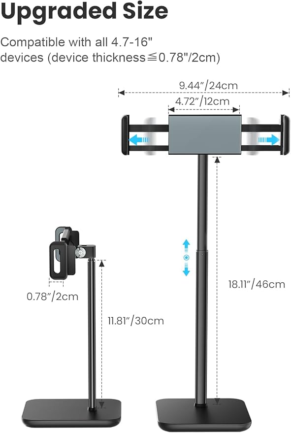 tounee Portable Monitor & Tablet Holder Stand, 4.4lb (2kg) Holding Strength, Height Adjustable Up to 18.11", Ideal for 4.7"-16" Devices (15.6" Portable Monitors, iPad, iPhone, Kindle) - Black