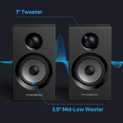 BT16 HiFi Bookshelf Speakers 3.5" Woofer with 1" Tweeter, 60W(30Xx2) Bluetooth 5.3, Powered Stereo Speaker with 24bit DAC USB and Adjustable Treble/Bass, Computer Gaming PC Speakers - Black