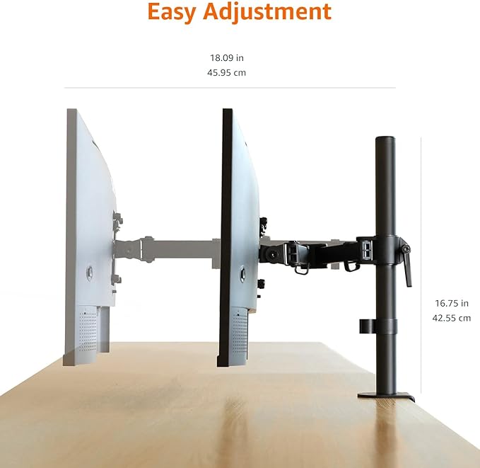 Amazon Basics Adjustable Single Monitor Arm Desk Mount, Holds up to 32" (38” Ultrawide) and 22 lbs, Adjustable Tension, VESA 75x75/100x100, Black