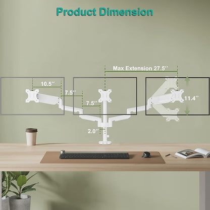 WALI White Triple Monitor Mount, 3 Monitor Desk Mount for Multi Screens from 13 to 27inch with Gas Spring Arm, Fully Adjustment Arm with Tilt, Swivel, Rotate VESA Mount 75x75,100x100mm(GSDM003W-U)