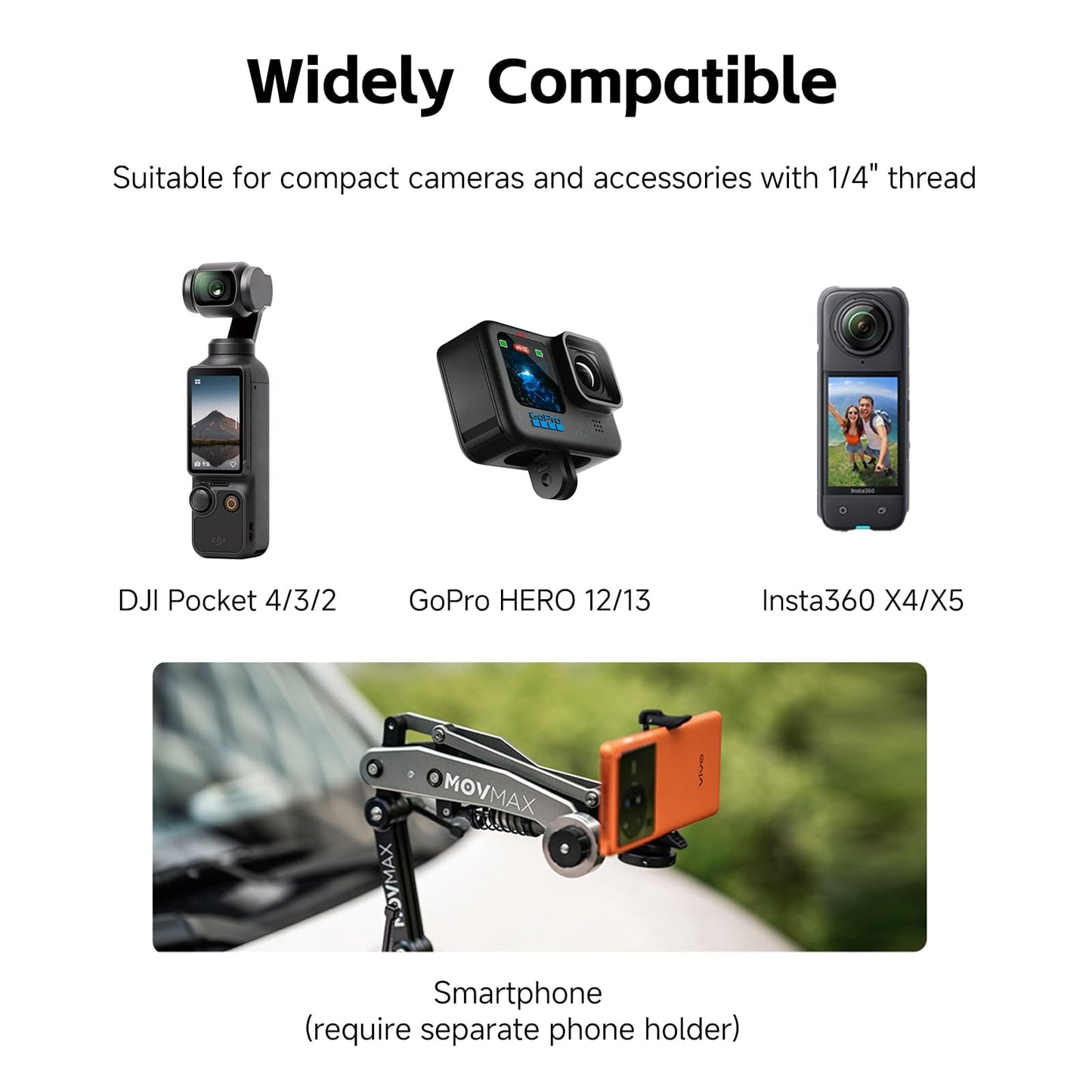 MOVMAX Blade Arm Solar Electronic Suction Cup Mount, Shock Absorber Arm Car Mount for DJI Pocket 4/3, GoPro Hero 13, 360 Action Cameras with Auto Pressure Detection & LCD Display, Pocket 3 Accessories