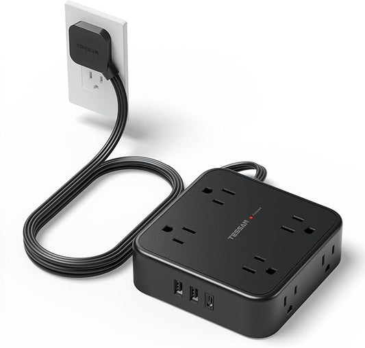TESSAN Surge Protector Power Strip, 5 Ft Flat Plug Extension Cord with 3 USB (1 USB C) 8 Outlets, 900J Protection, 3 Sided Outlet Extender with Power Switch for Office, Dorm Room, Black