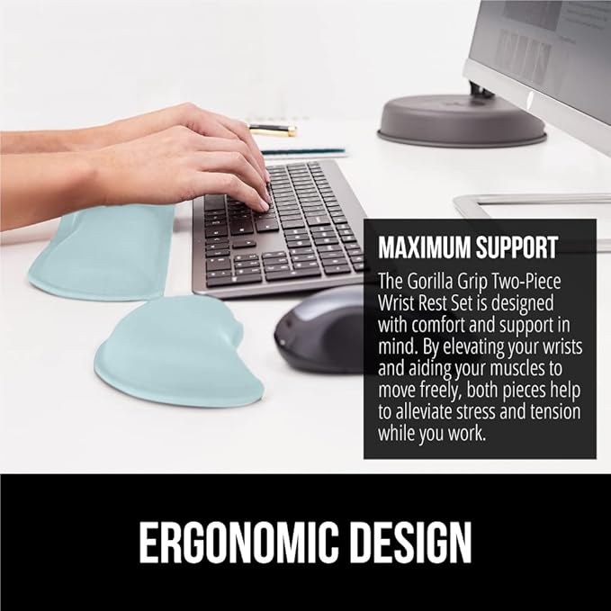 GORILLA GRIP Silky Gel Memory Foam Wrist Rest for Computer Keyboard, Mouse, Ergonomic Design for Typing Pain Relief, Desk Pads Support Hand, Arm, Mousepad Rests, Stain Resistant, 2 Piece Pad Sky Blue