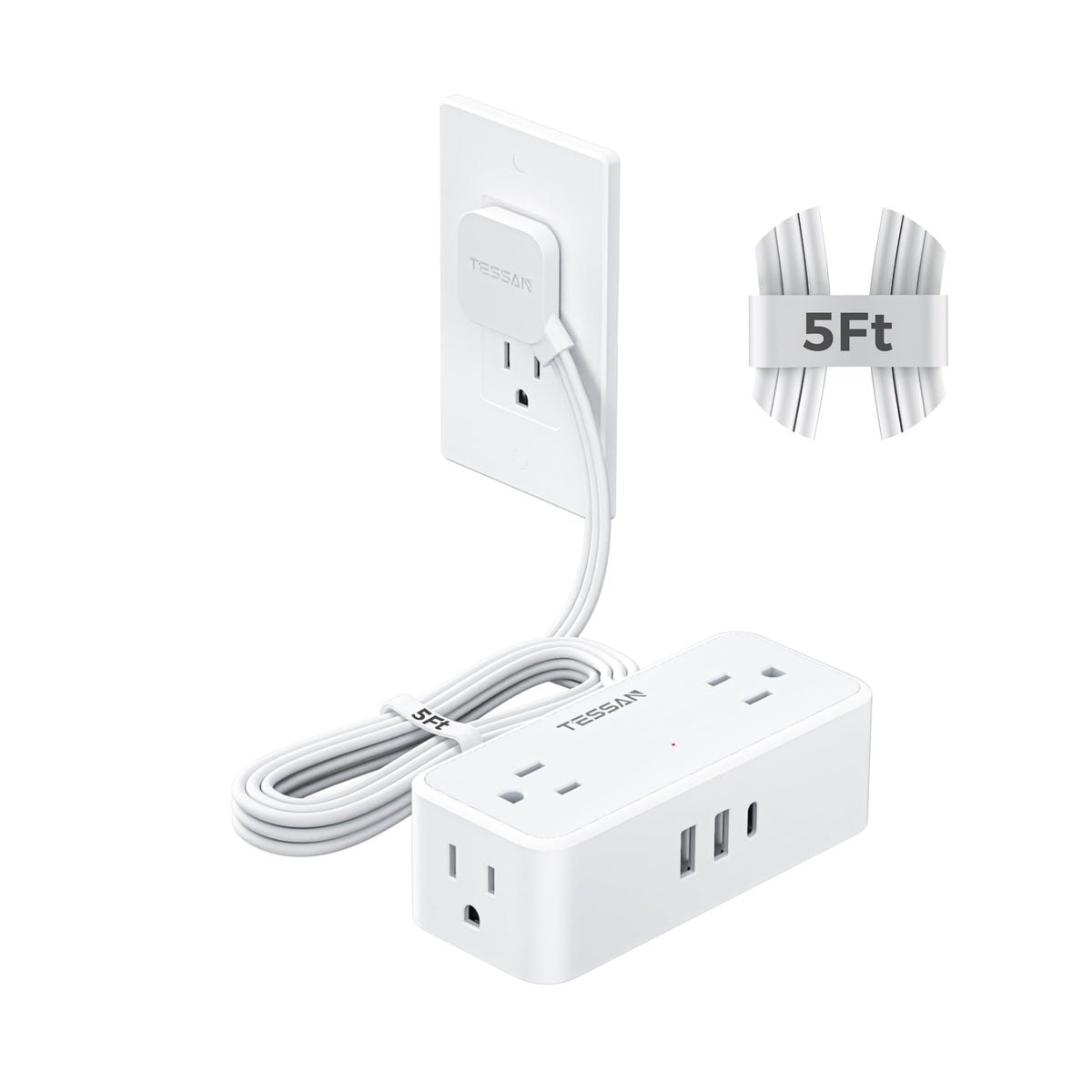 TESSAN Extension Cord 5 FT, Power Strip with 900J Surge Protection, Grey