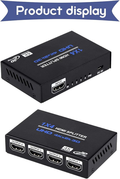 1x4 HDMI Splitter, 1 in 4 Out HDMI Splitter Audio Video Distributor Box Support 3D & 4K x 2K Compatible for HDTV, STB, DVD, PS3, Projector Etc, Duplicate/Mirror Screen Only (Not Extend)