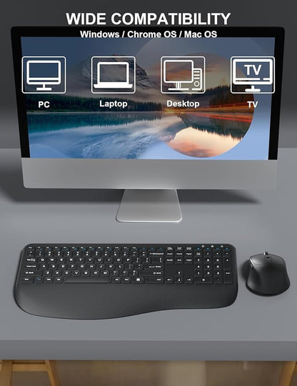 Wireless Keyboard and Mouse Combo, EDJO 2.4G Full-Sized Ergonomic Computer Keyboard with Wrist Rest and 3 Level DPI Adjustable Wireless Mouse for Windows, Mac OS Desktop/Laptop/PC (Carbon Black)
