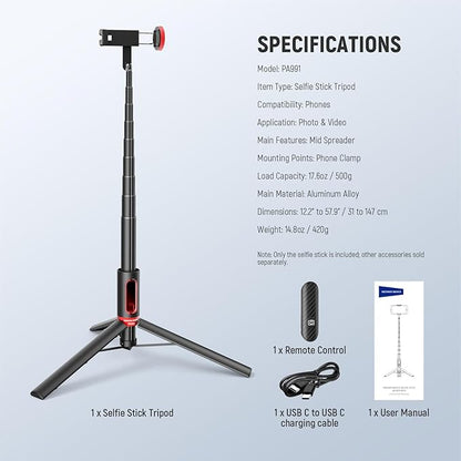 NEEWER Basics PA991 Selfie Stick Tripod Compatible with iPhone Samsung Android, 57.9 Inch Metal Portable Lightweight Travel Mobile Phone Stand with Holder & Remote Control for Video Recording