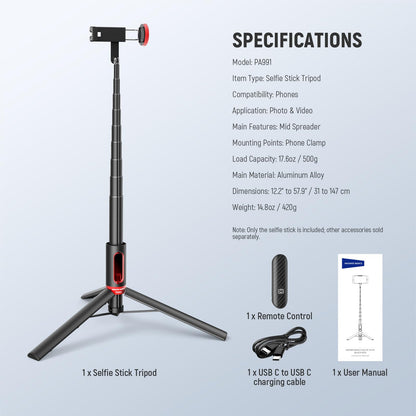 NEEWER Basics PA991 Selfie Stick Tripod Compatible with iPhone Samsung Android, 57.9 Inch Metal Portable Lightweight Travel Mobile Phone Stand with Holder & Remote Control for Video Recording