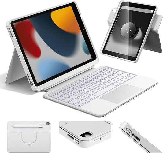 HOU 360° Rotatable & Detachable Combo Case with Keyboard for iPad 10.2 inch 9th/8th/7th Generation,iPad Air 3 & Pro 10.5",Trackpad,Backlit,Full Protection Cover,Stylus Slot,Portrait/Landscape,White
