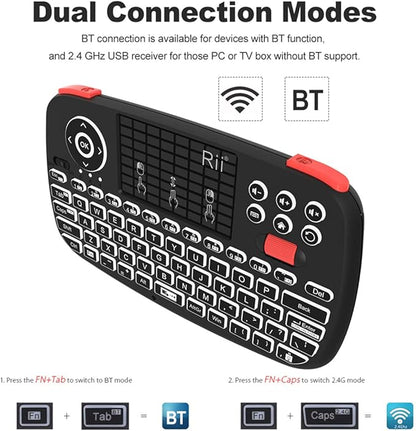 Rii (Upgrade) i4 Mini Bluetooth Keyboard with Touchpad, Blacklit Portable Wireless Keyboard with 2.4G USB Dongle for Smartphones, PC, Tablet, Laptop TV Box iOS Android Windows Mac.Black