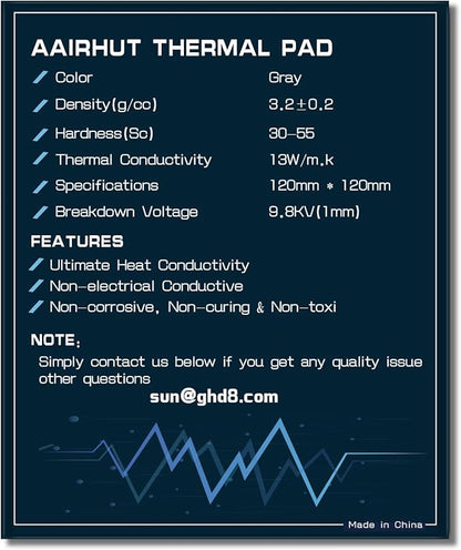 Aairhut Thermal Pad 13W/mK [0.5~3mm], 120x120x0.5mm Silicone Cooling Pad Non Conductive Heat Resistance Extreme Odyssey Cover with Dual Self-Adhesive Films for PC Laptop PS4/PS5/CPU/GPU/Computer