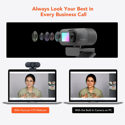 NUROUM V15AF 2K Webcam for PC, 1080P 60fps Autofocus HD Webcam with Dual Noise Cancelling Microphone, 75° FOV&Light Correction, USB Web Camera Plug&Play for Zoom/Teams,Grey