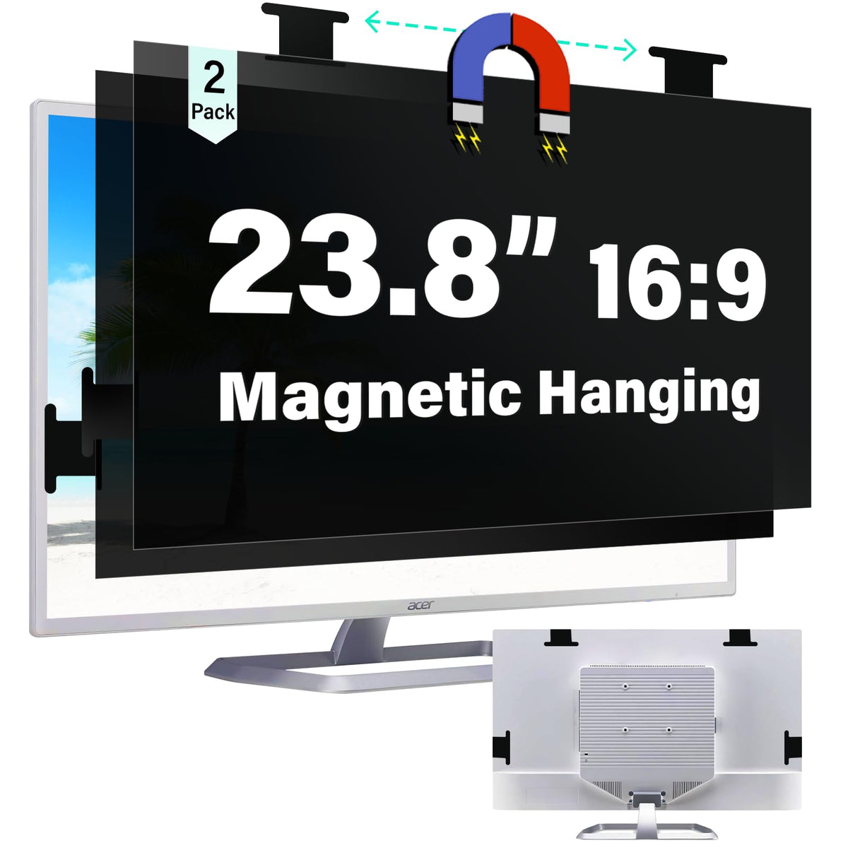 [2 Pack] Magnetic Hanging 27 Inch Computer Privacy Screen for 16:10 Aspect Ratio Widescreen Monitor, Eye Protection Anti Glare Blue Light Computer Monitor Privacy Filter, Removable 27in Protector Film