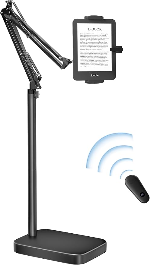 VOLTIFYMAX Kindle Floor Stand with Remote Page Turner, Tablet Mount with Clicker, Adjustable Height Tablet Holder Mount, Compatible Kindles Tablets iPhones 4.7-12.9 inch(White)