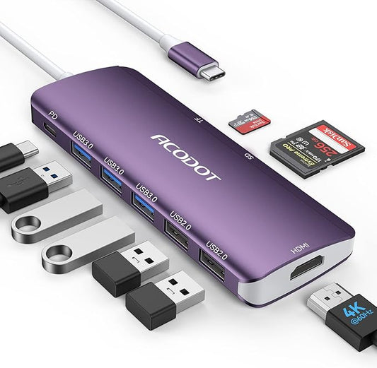 USB C Hub, 9-in-1 Multi-Port USB Adapter, 4K@60Hz HDMI, 100W Max PD, 3 USB3.0(5Gbps) + 2 USB2.0 Data Ports, SD/TF Card Reader for MacBook, iPad Pro, Dell, HP, Lenovo, Windows Laptop, Purple
