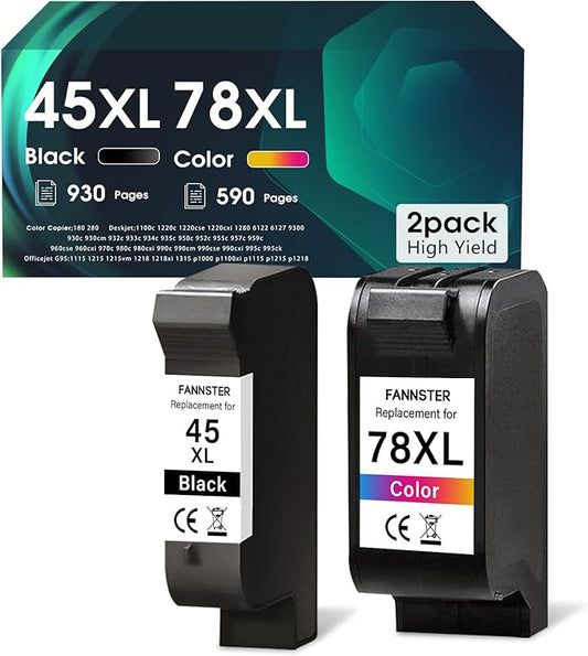 fannster 45 78 Ink Cartridge Combo Pack Compatible for HP Deskjet 1220c-ps 930C 952C 970Cxi Color Copier FAX 1220 PhotoSmart 1115 1215(1 Black, 1 Color)
