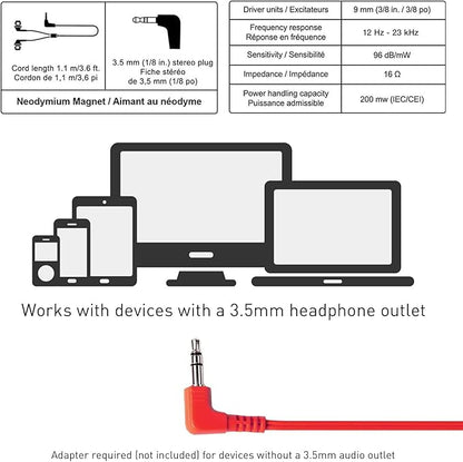 Panasonic ErgoFit Wired Earbuds, 3.5mm Jack In-Ear Headphones Wired with Dynamic Crystal-Clear Sound and Ultra Soft Ergonomic Custom-Fit Earpieces (S/M/L), for Phones and Laptops - RP-HJE120-R (Red)
