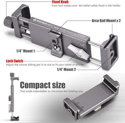 Full Metal Tablet Tripod Holder – Compatible with iPad mini, Air, Pro | 1/4" Screw & ARCA Dovetail Mounts | Universal Tablet Clamp Adapter